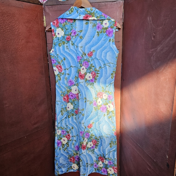 Vtg Blue Floral Zipper Front Dress - Picture 4 of 4